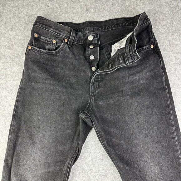 Levis Premium 501 Jeans Womens 29 Faded Black Distressed Studded Crop Big E Rock - Picture 2 of 16